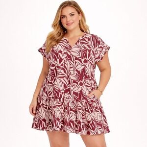 Fred David Womens Dress Plus 3X Maroon Leaf Print Boxy Loose Mini Boho Comfort